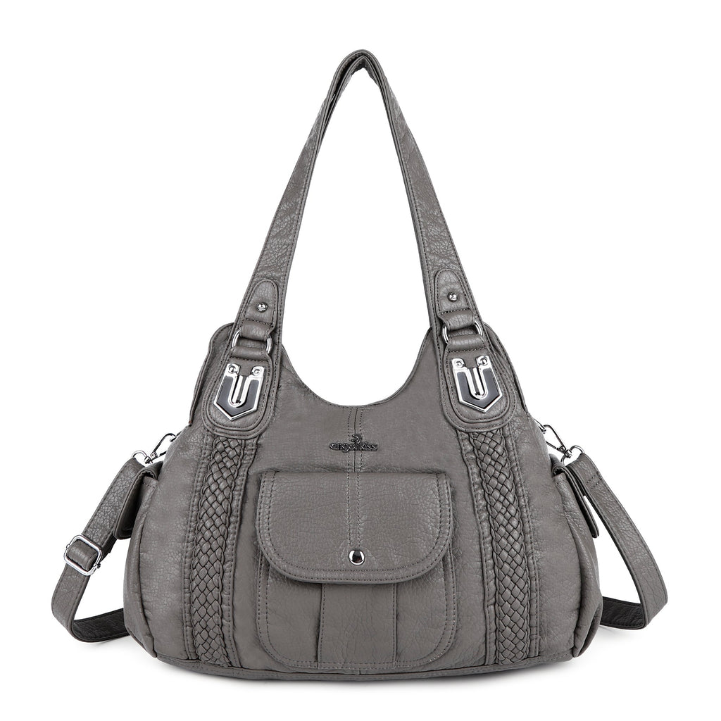 Woven Trim Washed Vegan Leather Hobo Bag