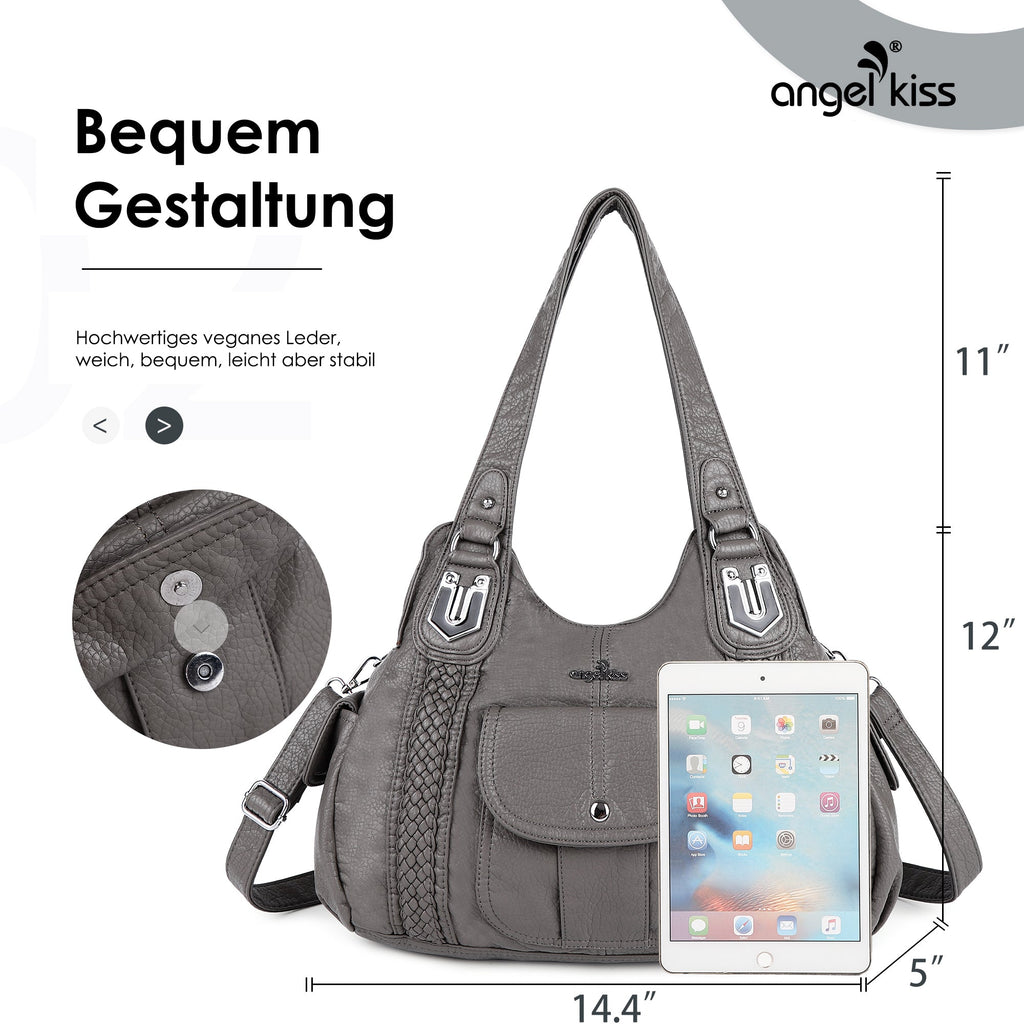 Woven Trim Washed Vegan Leather Hobo Bag