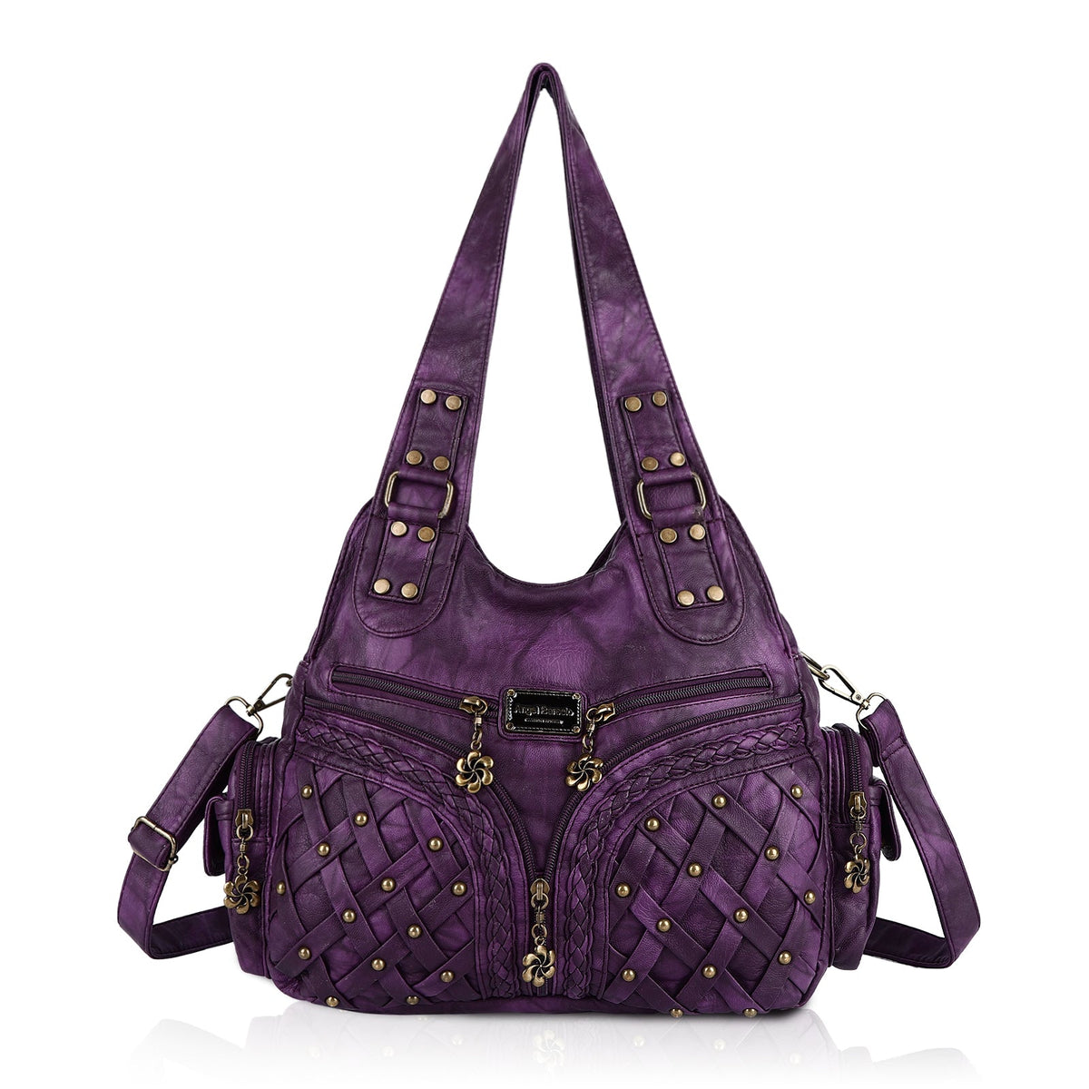PU Studded Braided Multi-Pocket Hobo Bag