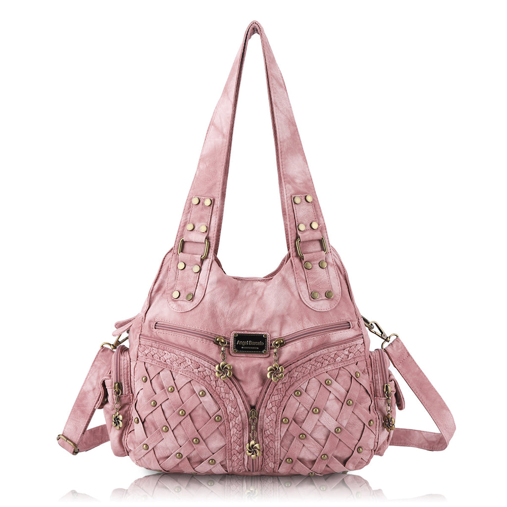 PU Studded Braided Multi-Pocket Hobo Bag