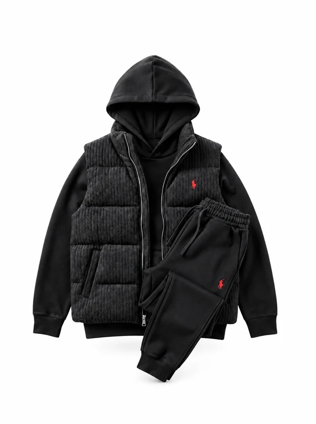 Quilted Vest Hoodie Sweatpants 3-Piece Set