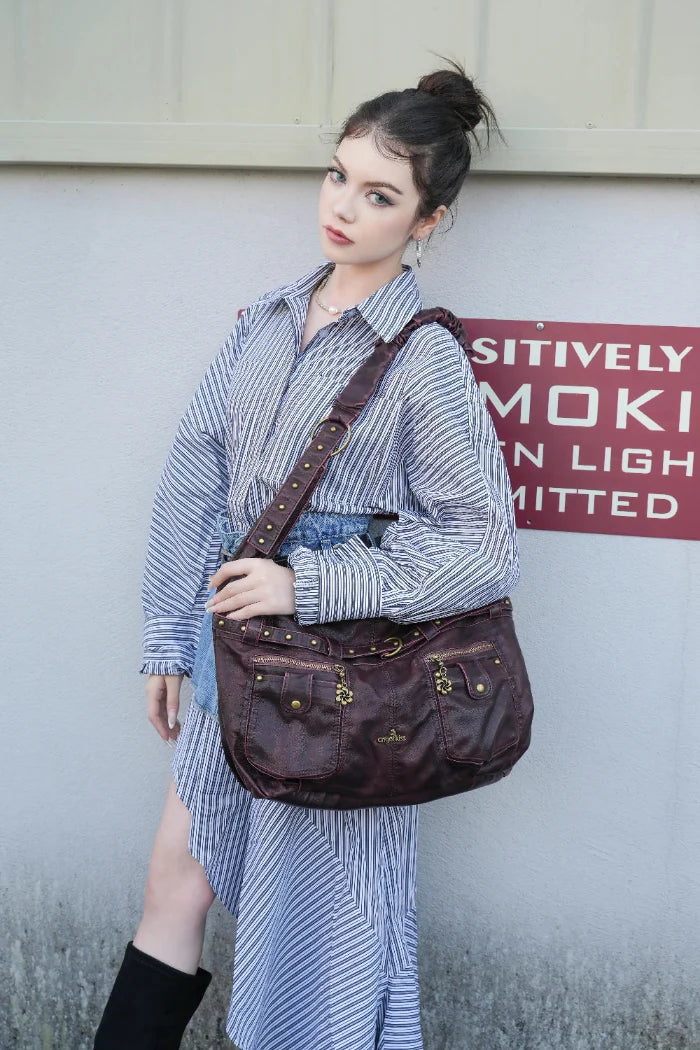 Vintage Vegan Leather Handbag – Multi-Pocket Shoulder Tote