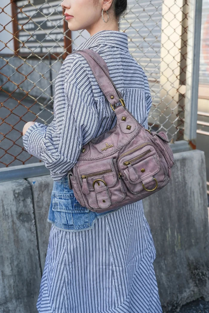 Tie-Dye Pink Multi-Pocket Vegan Leather Shoulder Tote Handbag