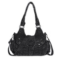 Black Washed Denim Multi-Pocket Hobo Shoulder Bag for Women