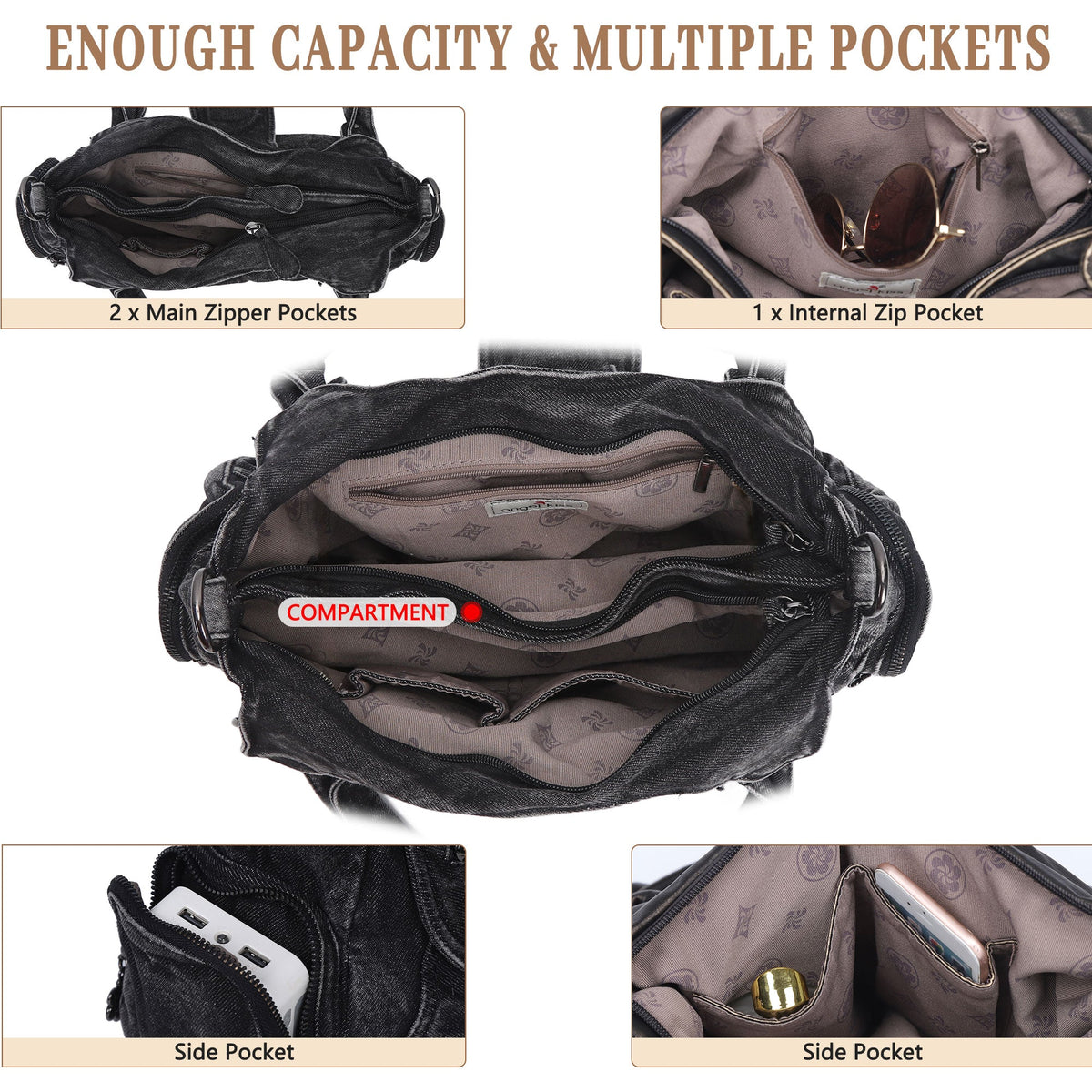 Black Washed Denim Multi-Pocket Hobo Shoulder Bag for Women