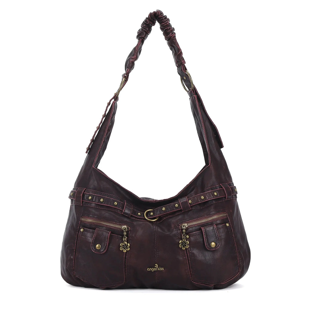 Vintage Vegan Leather Handbag – Multi-Pocket Shoulder Tote