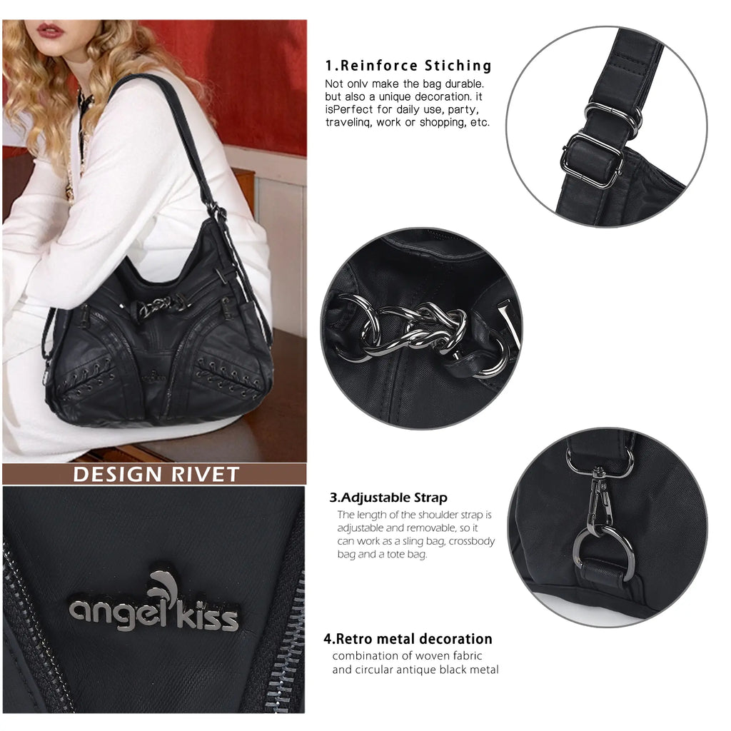 Diagonal Zipper Rivet Hobo Shoulder Bag