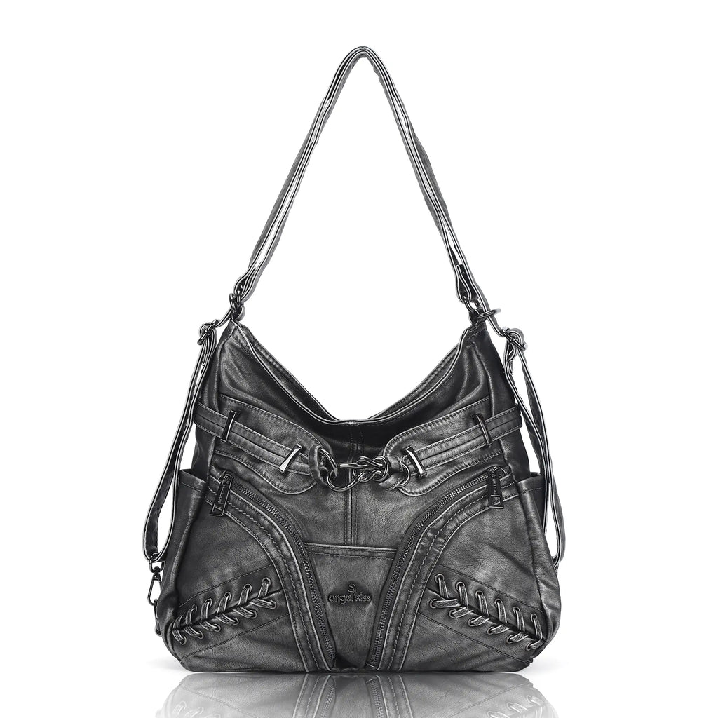 Diagonal Zipper Rivet Hobo Shoulder Bag