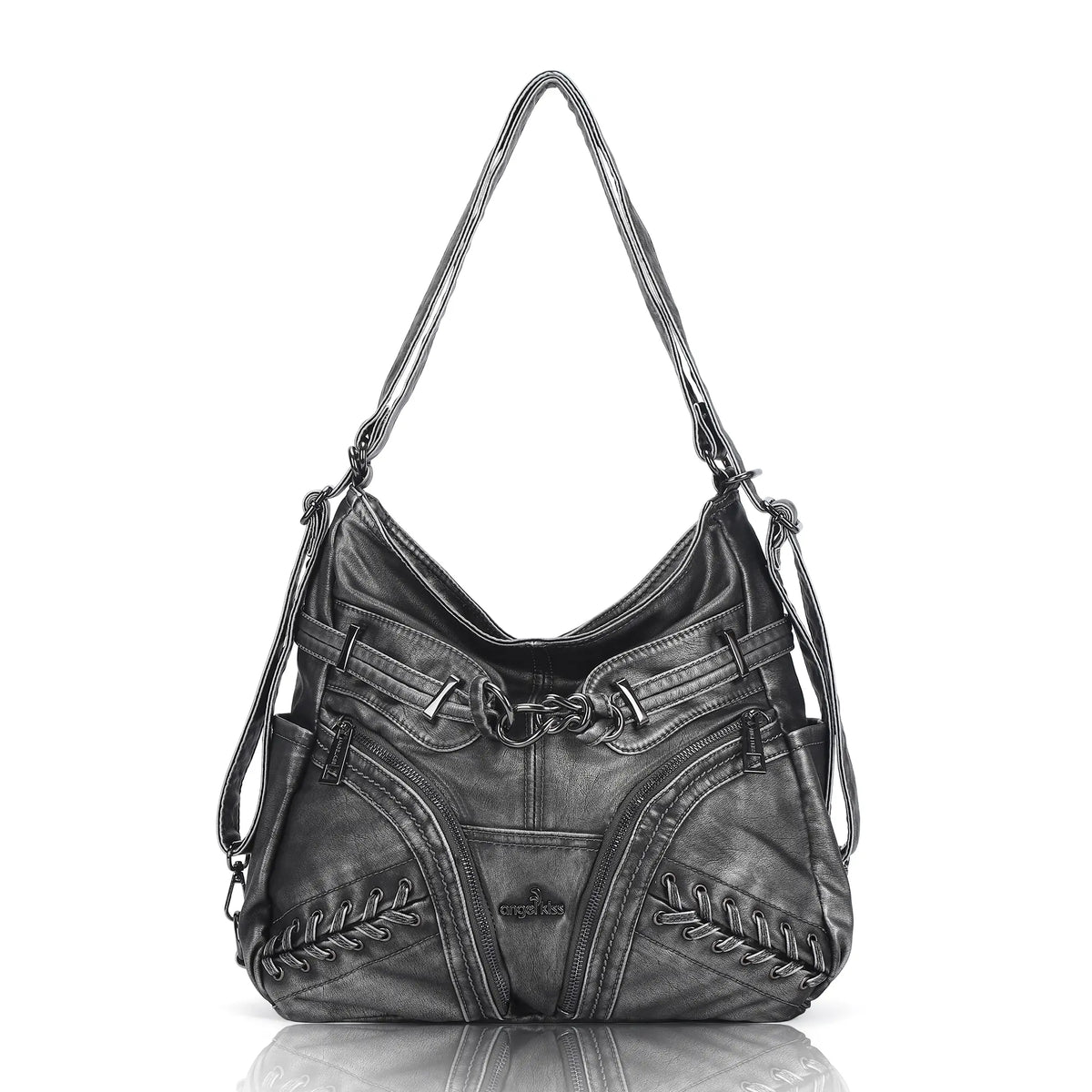 Diagonal Zipper Rivet Hobo Shoulder Bag