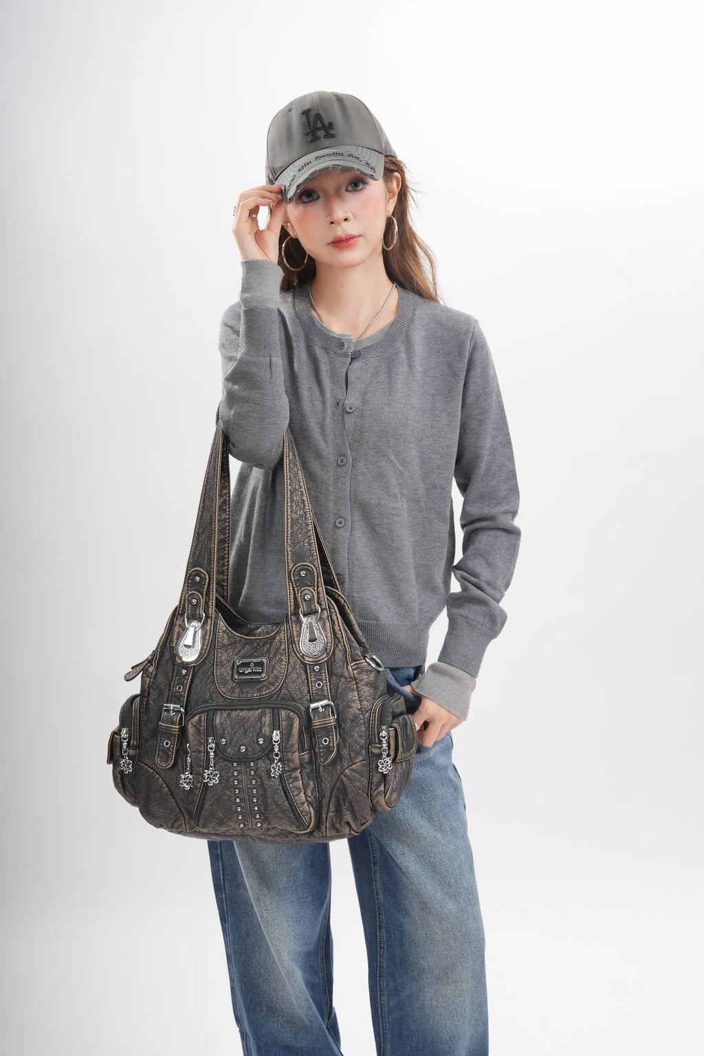 Washed Leopard Print Vintage Multi-Pocket Shoulder Bag for Women
