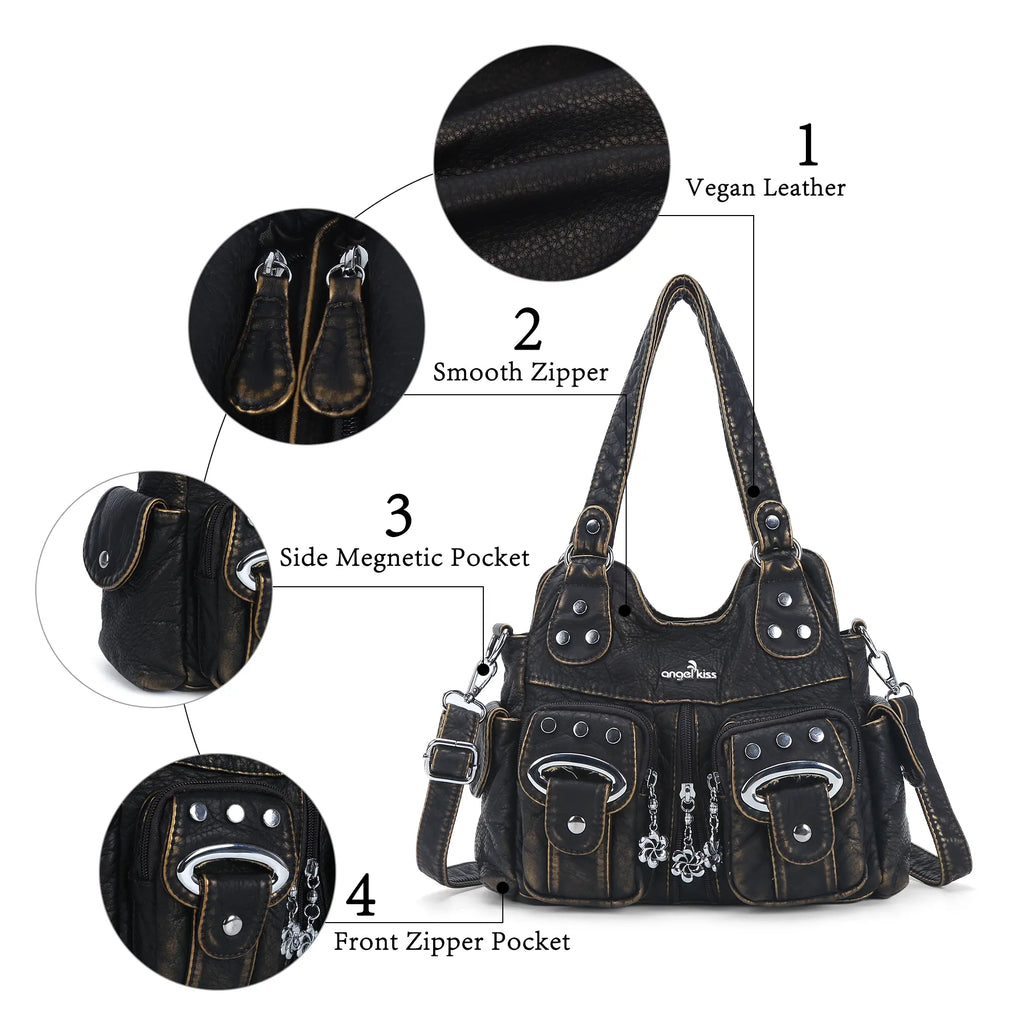 Vintage Multi-Pocket Shoulder Bag - Washed Texture with Studs & Charms