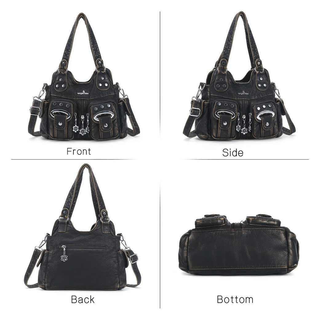 Vintage Multi-Pocket Shoulder Bag - Washed Texture with Studs & Charms