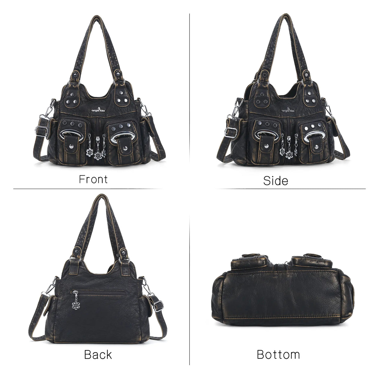Vintage Multi-Pocket Shoulder Bag - Washed Texture with Studs & Charms