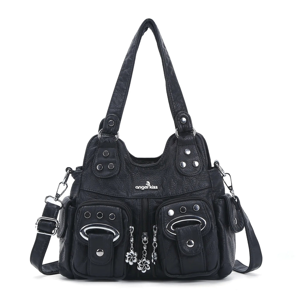 Vintage Multi-Pocket Shoulder Bag - Washed Texture with Studs & Charms