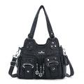 Vintage Multi-Pocket Shoulder Bag - Washed Texture with Studs & Charms