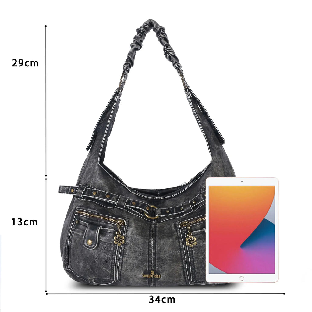 Vintage Vegan Leather Handbag – Multi-Pocket Shoulder Tote