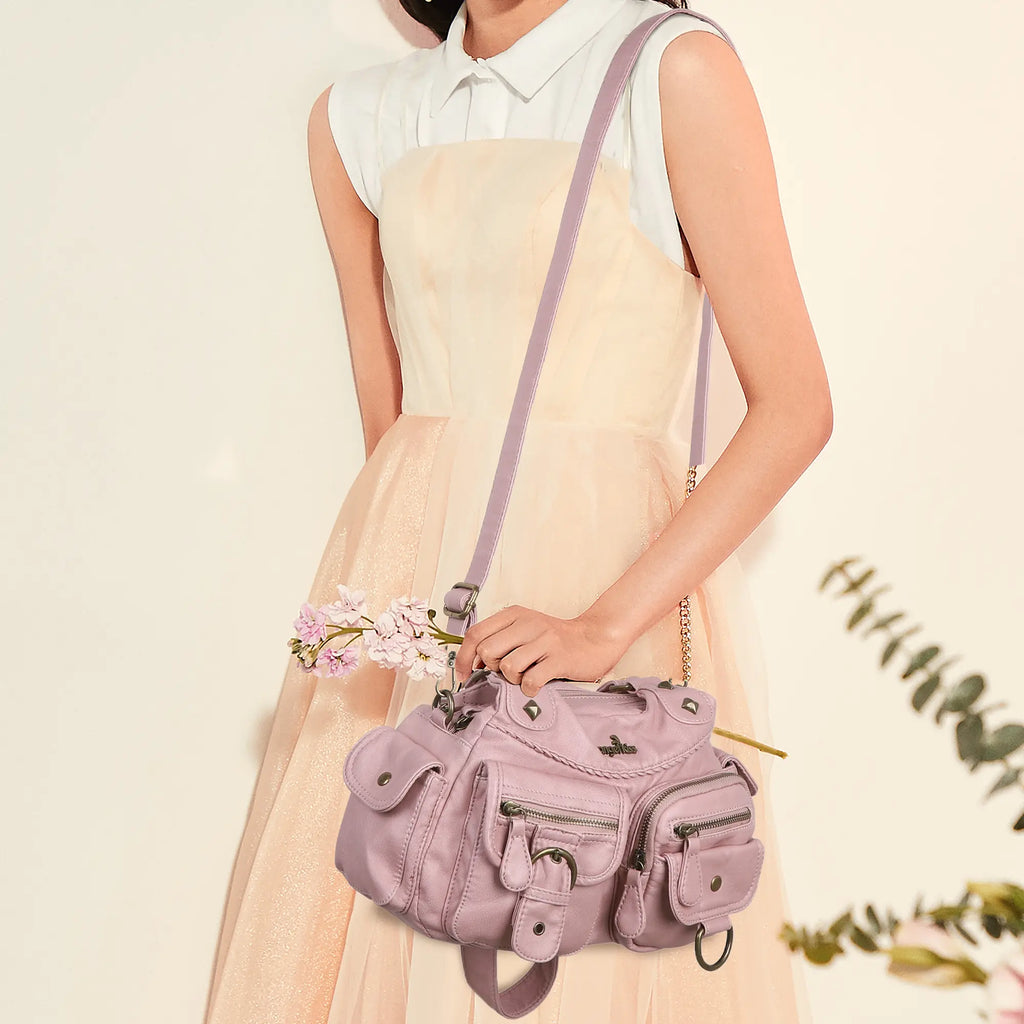 Tie-Dye Pink Multi-Pocket Vegan Leather Shoulder Tote Handbag