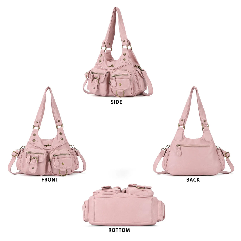 Tie-Dye Pink Multi-Pocket Vegan Leather Shoulder Tote Handbag